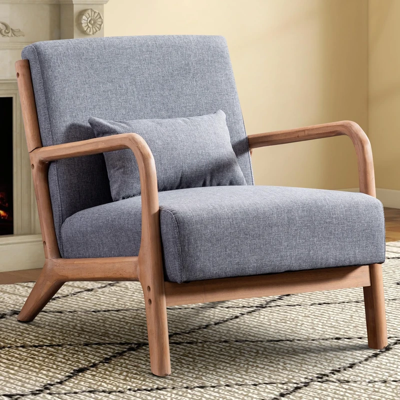 EBELLO Living Room Armchair, Modern Accent Chair with Waist Cushion, High Back Upholstered Reading Chair with Solid Wood Frame, Lounge Chairs for Living Room Bedroom Balcony, Grey