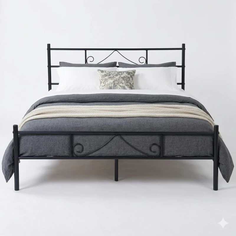 FurnitureR 4ft6 Double Metal Bed Frame Nordic Modern Style,Metal Poweder Coated Bed With Sturdy Slat for Teenagers/Adults/Twins,for Bedroom, Student Dorm, with a unique design of the headboard,Black