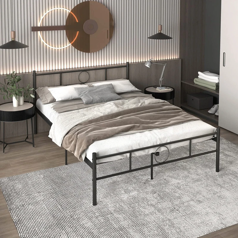 FurnitureR 4ft6 Double Metal Bed Frame Nordic Modern Style,Metal Poweder Coated Bed With Sturdy Slat for Teenagers/Adults/Twins,for Bedroom, Student Dorm, Multiple scenes,Black