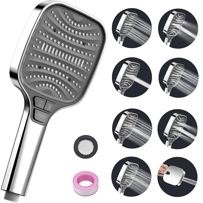 Shower Head High Pressure Shower Heads – Square Handheld Showerhead with 8 Spray Modes, Powerful Large Pressure Boosting Shower Heads for Bathroom Fixtures – Bath Shower Attachment, Chrome Silver