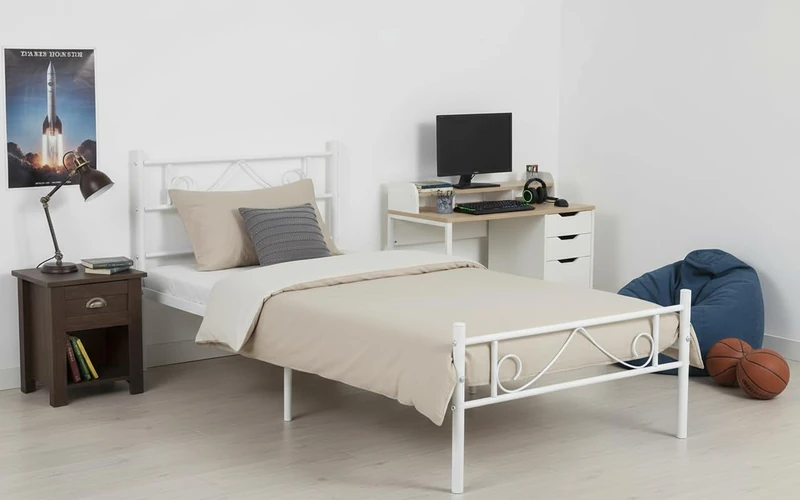 FurnitureR 3ft Single Metal Bed Frame, Metal Poweder Coated Bed With Sturdy Slat for Teenagers/Adults,for Bedroom, Student Dorm, Multiple scenes, with a unique design of the headboard,White