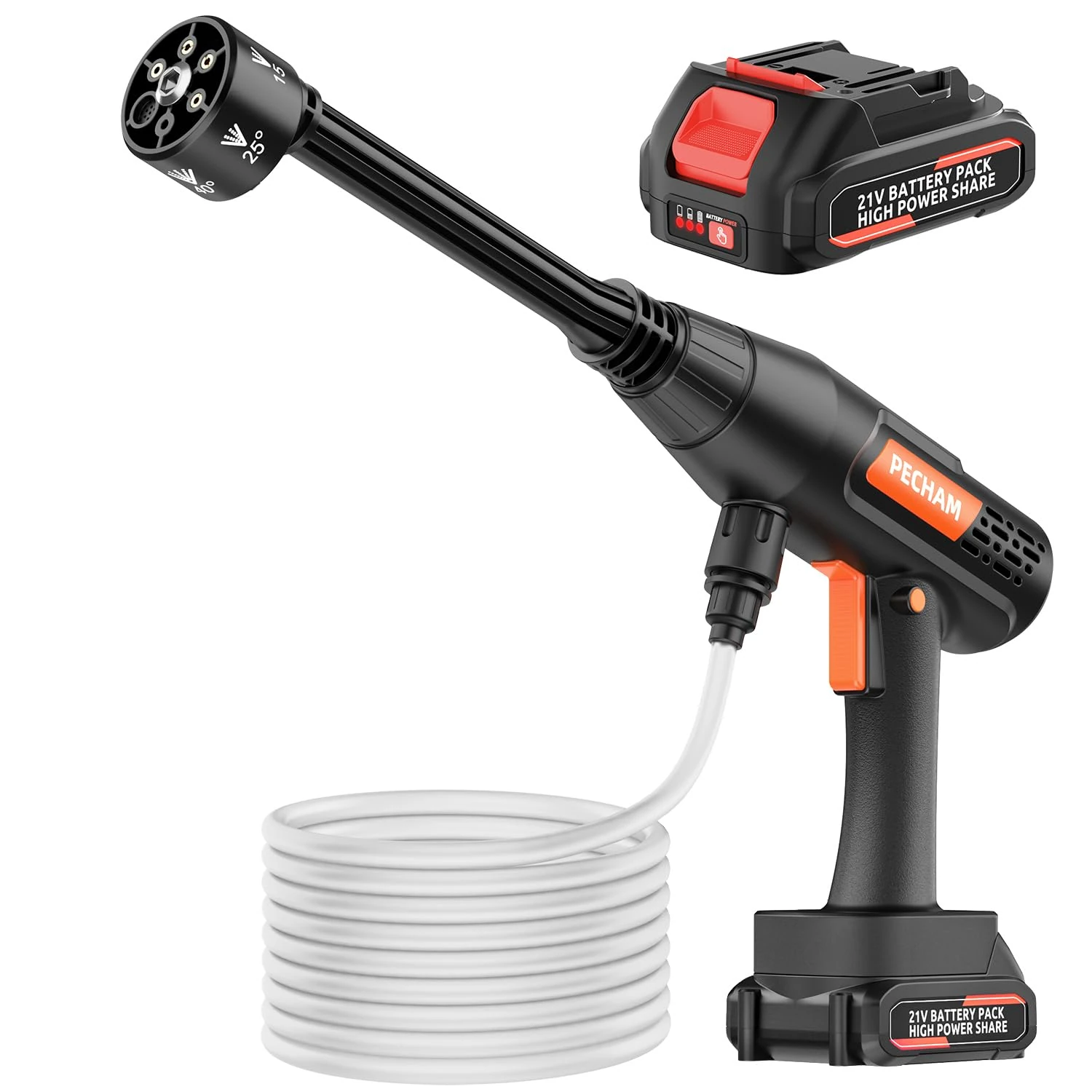 PECHAM Portable Pressure Washer, 6 in 1 Cordless Power Washer with 3 Adjustable Modes, 4.0Ah Battery Pressure Washer with 5M Antifreeze Hose for Car & Patio