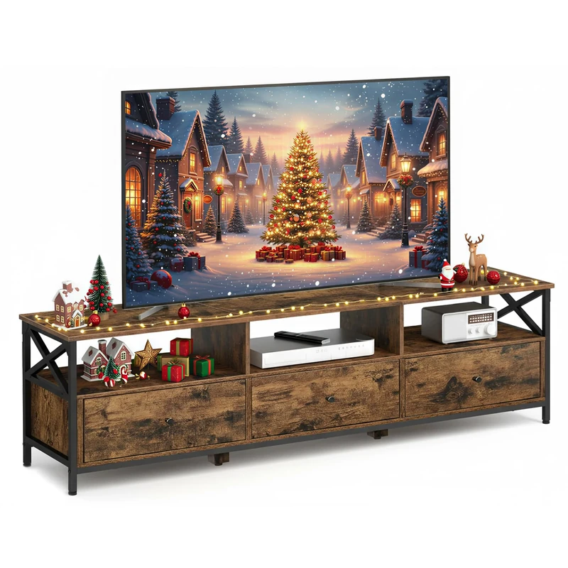 VASAGLE TV Stand Unit, Entertainment Center for up to 80 Inch TVs, 3 Fabric Drawers and 3 Open Shelves, 178 x 40 x50 cm, for Living Room, Bedroom, Steel Frame, Rustic Brown and Black LTV303KD01