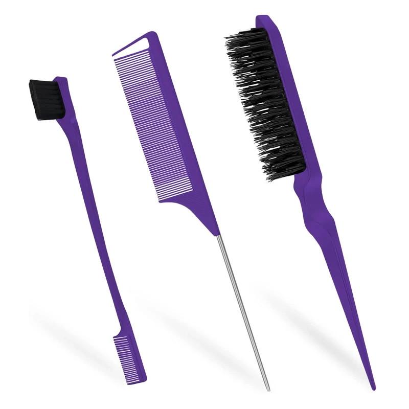 Siliget 3 Pcs Hair Brush Set, Slick Back Hair Brush Edges Brush, Rat Tail Comb, Plastic Bristle, Teasing Brush Set for Women Smoothing Hair (Purple)