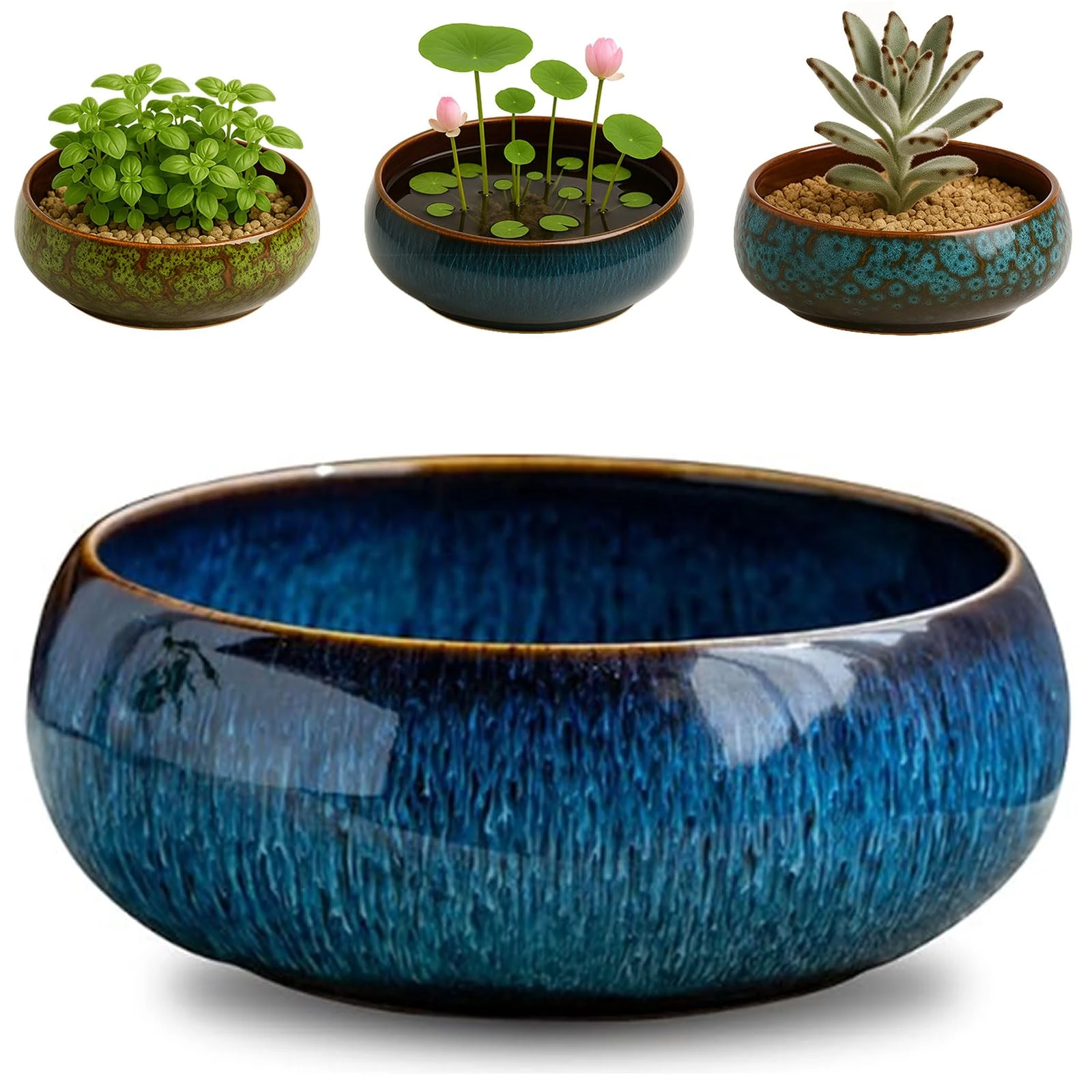 Oncpcare Lotus Bowl Planter – Ceramic Water Plant Pot Sacred Bonsai Bowl Lotus Flower, Shallow Glazed Vase for Lotus Seeds, Bonsai, Succulents, Hydroponic Plants (Blue)