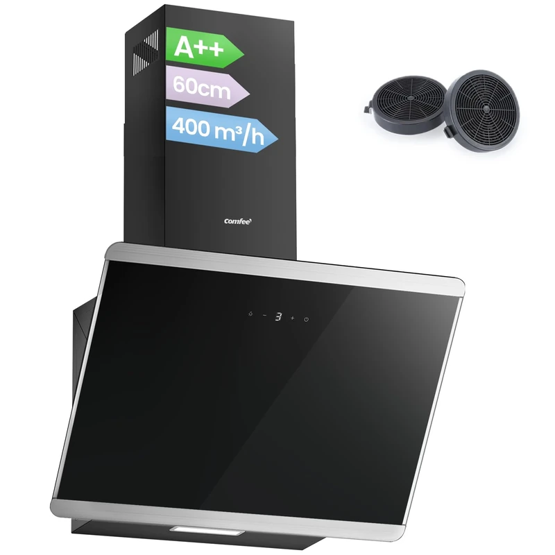 COMFEE' 60cm Angled Cooker Hood Class A++ Tempered Glass Extractor Hood with Touch Screen, LED and Recirculating & Ducting System Wall Mounted Extractor Fan kitchen, Black