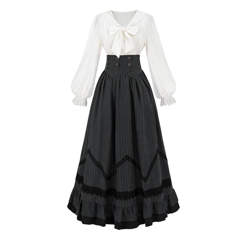 Nuoqi Edwardian Dress for Women 1800s Victorian Dress Costume Edwardian Costume Blouse Skirt Set, Black, XL