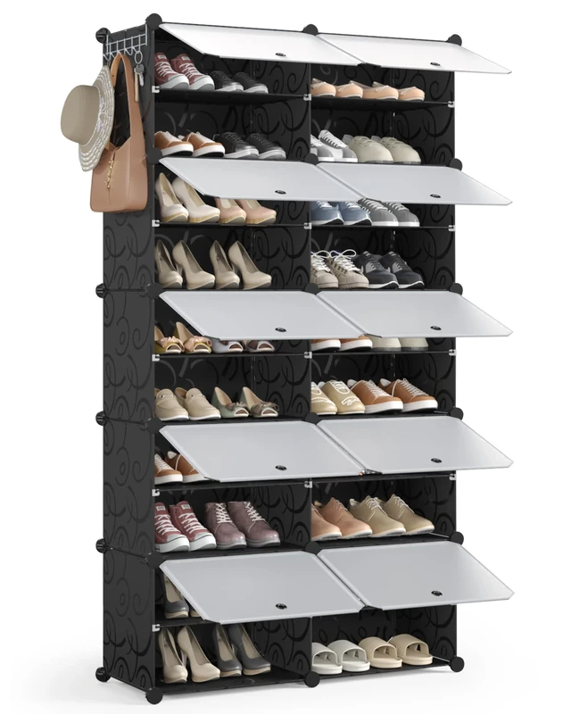 Mondeer Shoe Storage Cabinet, 2 x 10 Tier Modular Plastic Shoe Rack for 40 Pairs Shoes, Cube Shoe Organizer with Removable Shelf and Hooks, for Hallway Entryway Closet, Black