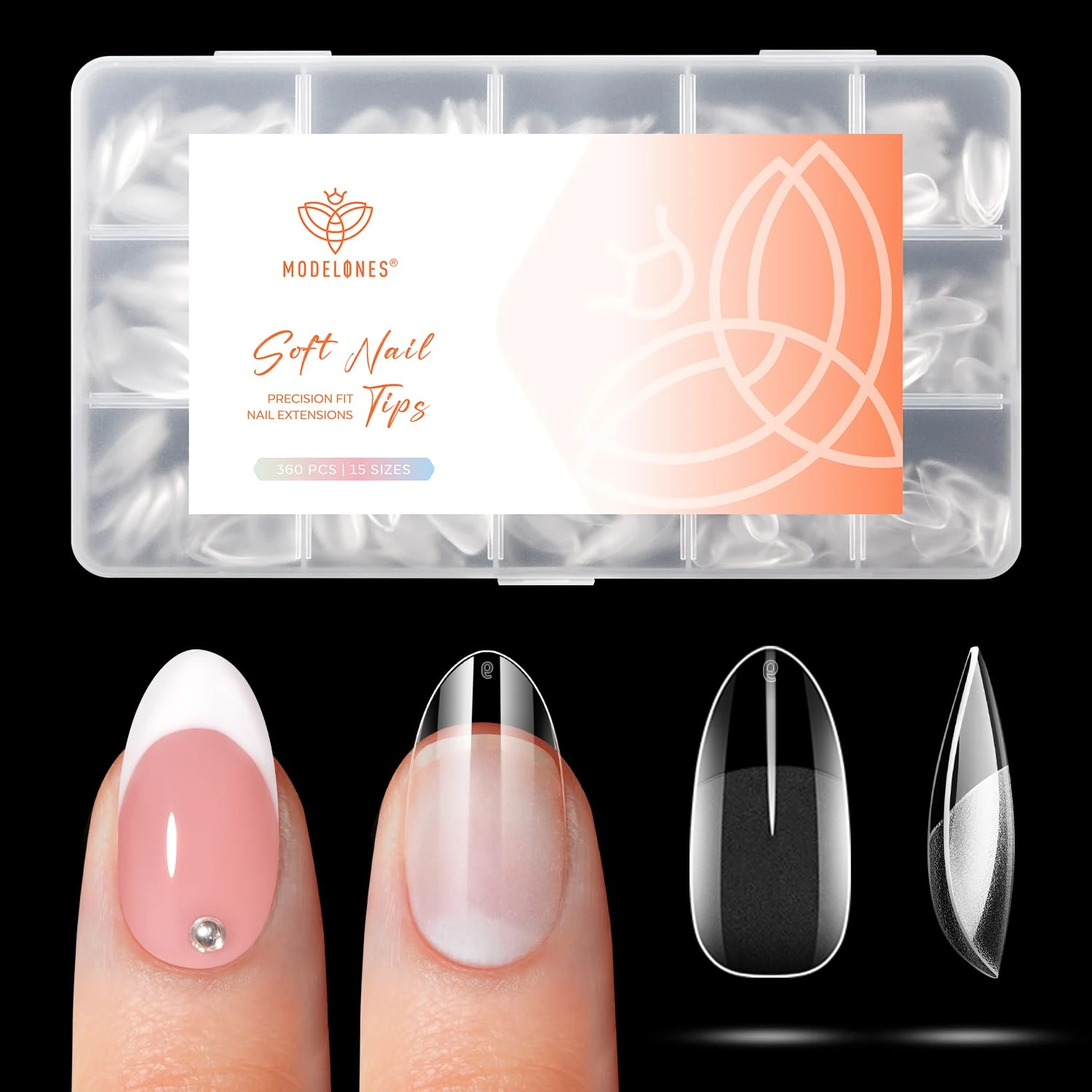 Modelones Short Almond Nail Tips, 360pcs Pre-etched Clear Fake Nails Press On Full Cover Half Matte Acrylic Gel Kit False Tips for Extension Salon DIY at Home 15 Sizes