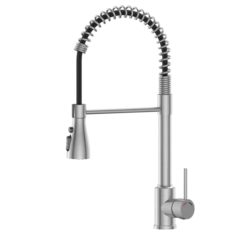 SREWOHS PRO Spring Arc High Kitchen Faucet, 360° Rotary, 4 Modes Spray Kitchen Mixer, Brushed Stainless Steel, Suitable for 1 Hole Sinks, Commercial Faucets