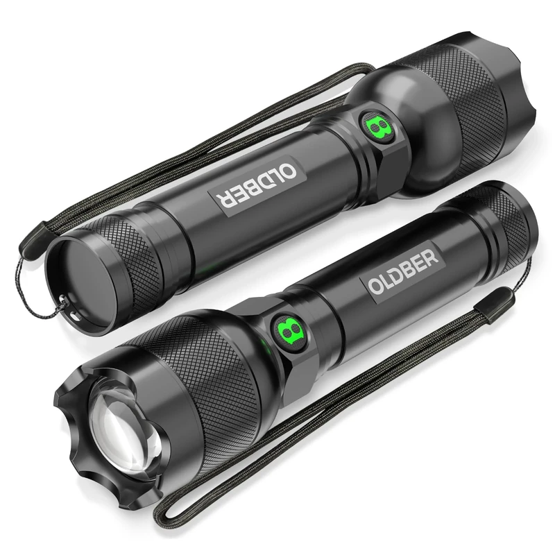 OLDBER 2 Pack Torch LED Super Bright, Rechargeable Flashlight, Small Handheld Camping Torch-5 Modes, Zoomable, Powerful, Waterproof for Camping, Home Emergency