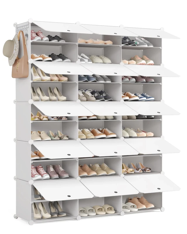 Mondeer Shoe Storage Cabinet, 3 x 10 Tier Modular Plastic Shoe Rack for 60 Pairs Shoes, Cube Shoe Organizer with Removable Shelf and Hooks, for Hallway Entryway Closet, White - Image 1