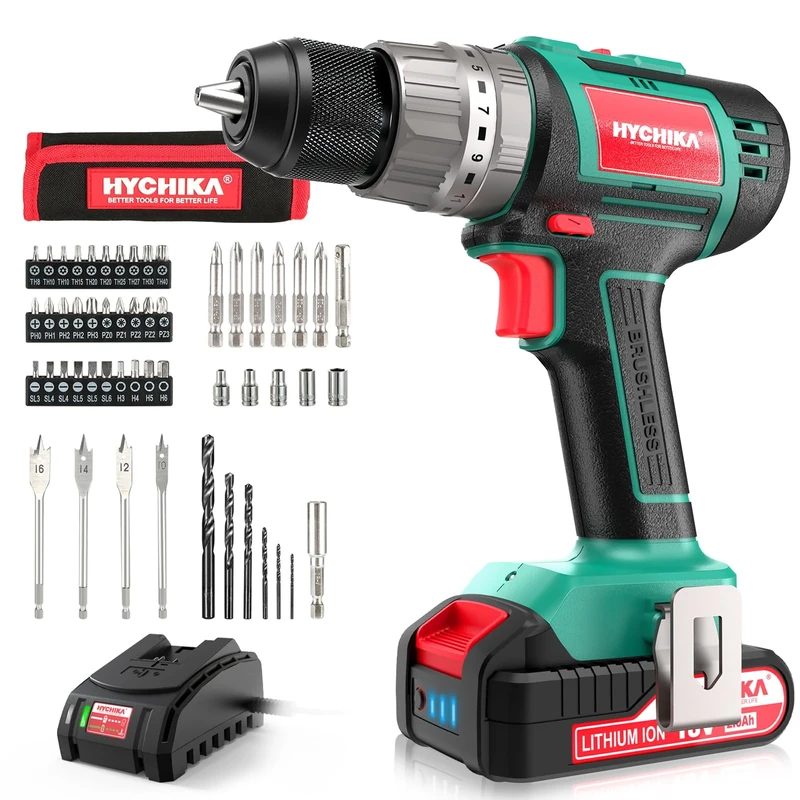 HYCHIKA Cordless Power Drill Set 18V, Electric Drill 60Nm Max with 21+3 Torque, 2.0Ah Brushless Motor, 53Pcs Combi Accessories for DIY Home Projects