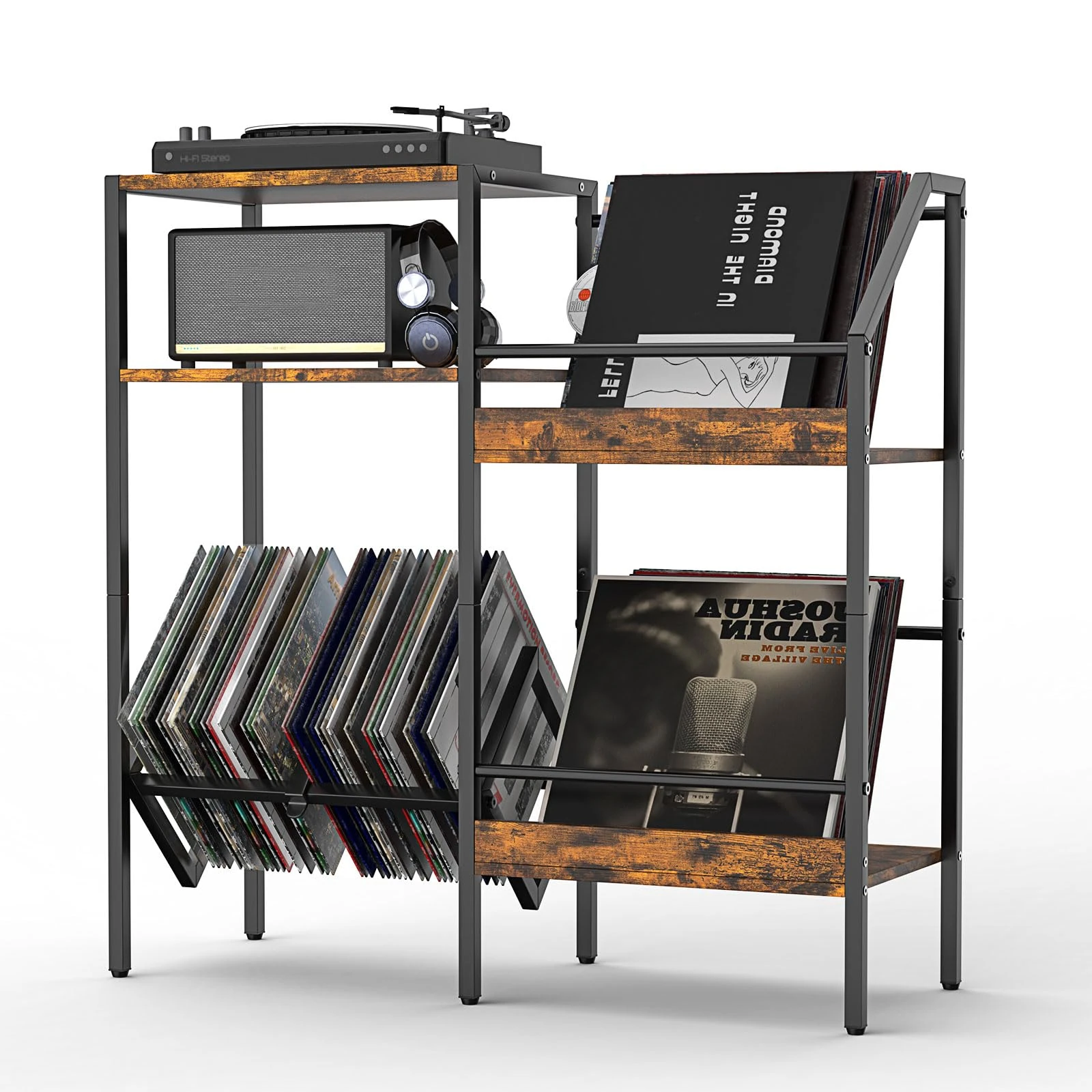 Fulgutonit Vinyl Record Player Stand, 5-Tier Vinyl Record Storage Cabinet, Turntable Stand End Table with 3 Records Storage Holder Shelf Compartments, Hold 200 Albums