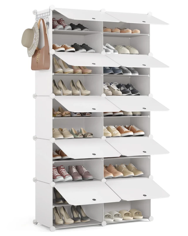 Mondeer Shoe Storage Cabinet, 2 x 10 Tier Modular Plastic Shoe Rack for 40 Pairs Shoes, Cube Shoe Organizer with Removable Shelf and Hooks, for Hallway Entryway Closet, White