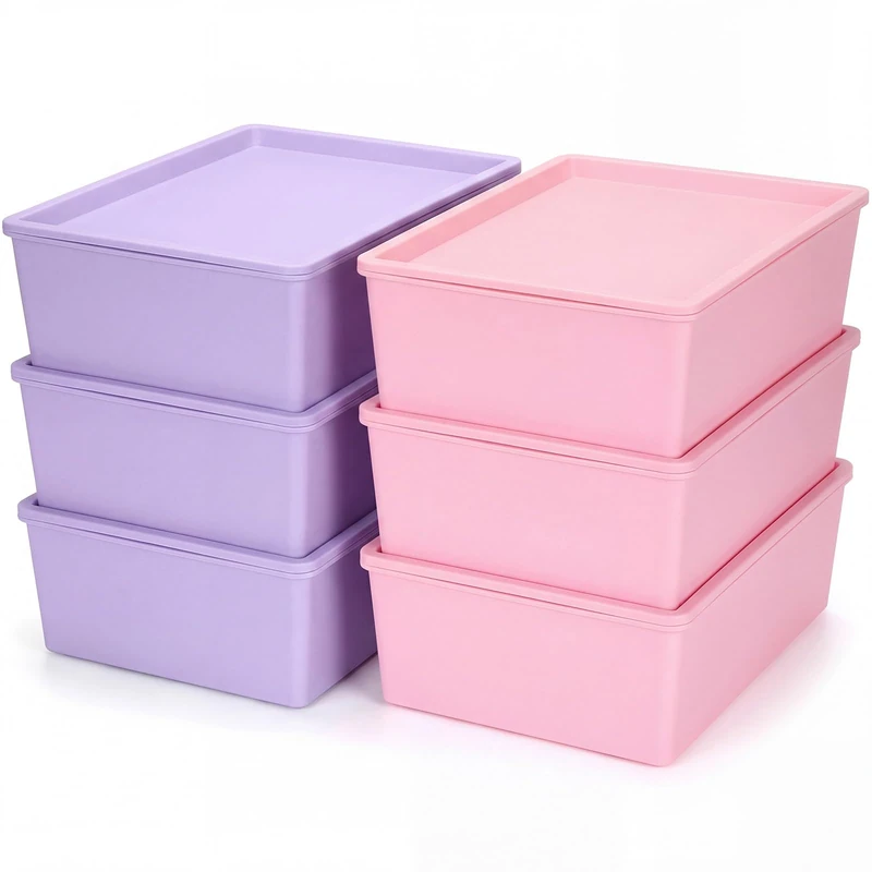 Menkxi 6 Pcs Plastic Storage Bins with Lids Stackable Storage Containers Durable Box Baskets for Organizing Shelves Playroom Classroom Office(Pink, Purple,Large)