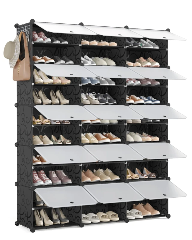Mondeer Shoe Storage Cabinet, 3 x 10 Tier Modular Plastic Shoe Rack for 60 Pairs Shoes, Cube Shoe Organizer with Removable Shelf and Hooks, for Hallway Entryway Closet, Black