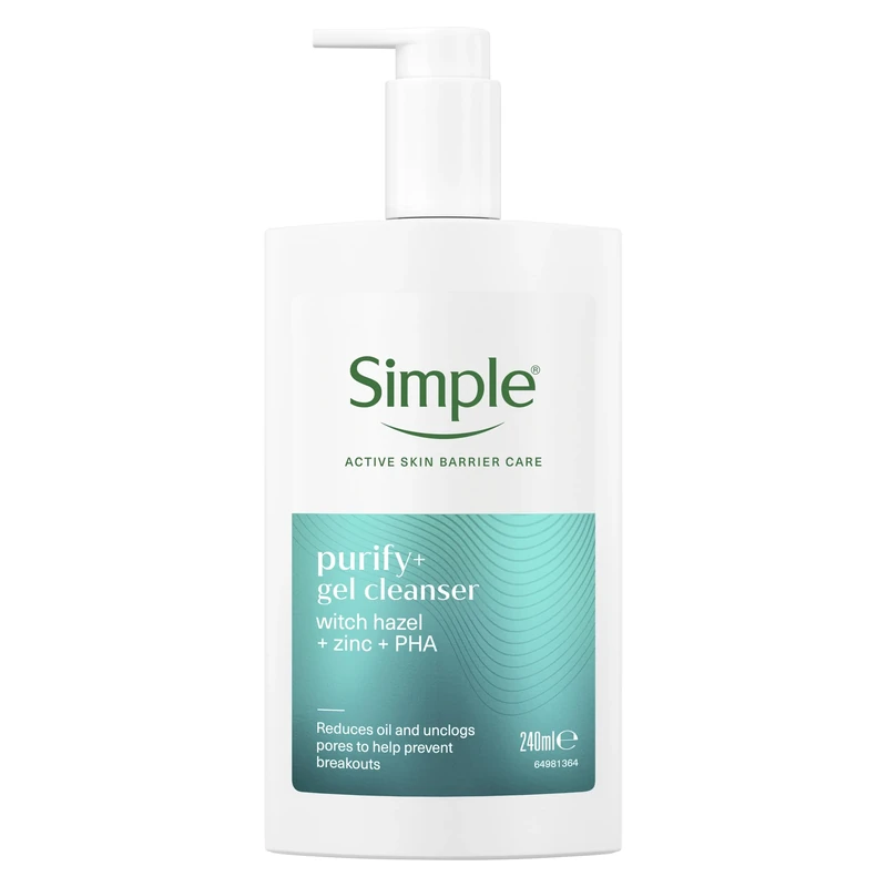 Simple Purify+ Gel Facial Cleanser witch hazel + zinc + PHA reduces oil and unclogs pores to help prevent breakouts 240 ml