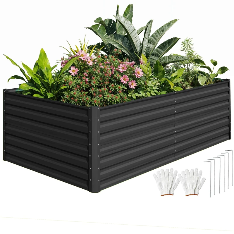 DWVO Raised Garden Bed Kit 240 * 120 * 54CM, Raised Beds Thickened Zinc-Aluminum-Magnesium Stainless Steel Metal Raised Beds for Garden with Safety Rubber for Vegetables Flowers Fruits(Black)