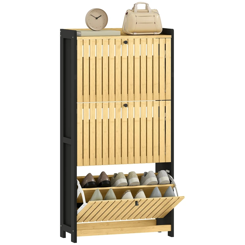 HOMCOM 18 Pairs Shoe Cabinet, Narrow Shoe Cabinet, Entrance Cabinet with 3 Folding Drawers, Bamboo Slatted Doors, for Hallway and Entrance, 60 x 24 x 118 cm, Black and Natural Wood - Image 1