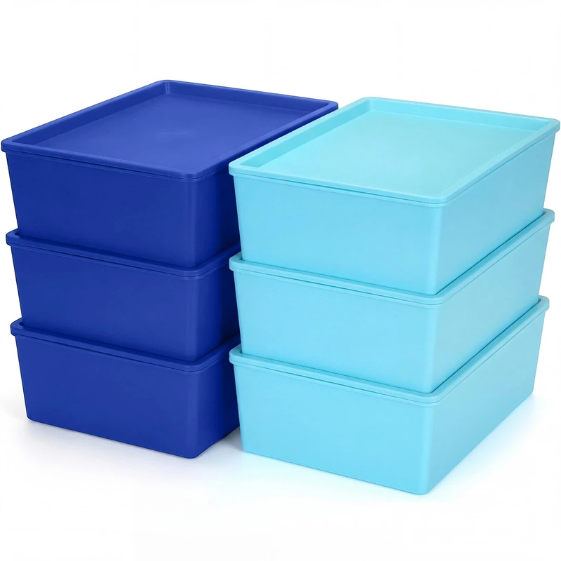 Menkxi 6 Pcs Large Plastic Storage Bins with Lids 14.4 x 10.4 x 5.1 Inch Stackable Storage Containers Durable Box Baskets for Organizing Shelves Playroom Classroom Office(Dark Blue, Light Blue)