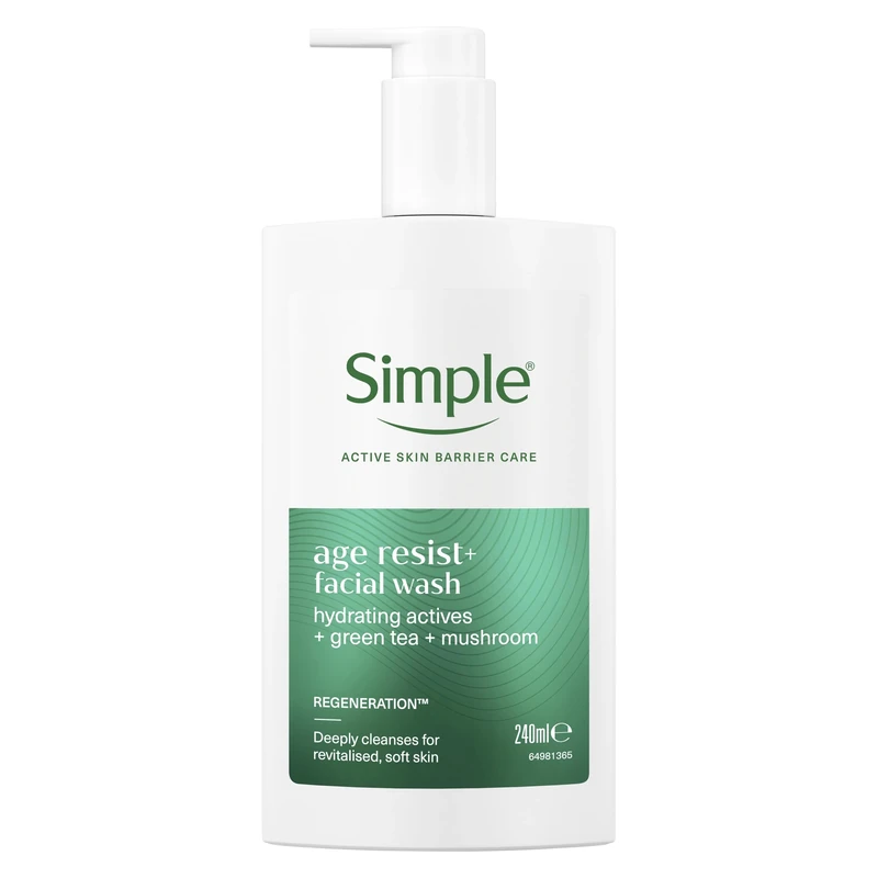 Simple Age Resist+ Facial Cleanser hydrating actives + green tea + mushroom deeply cleanses for revitalised, soft skin 240 ml