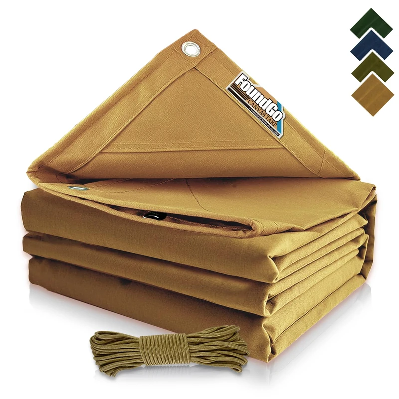 FoundGo Canvas Tarp 10x24 ft Heavy Duty Waterresistant Tarps with Grommets, UV Resistant, 22 Mil Tarpaulin,14 oz Durable Cloth Covers for Car, Roof, Boat, Camp, Canopy, Woodpile with Ropes-Tan