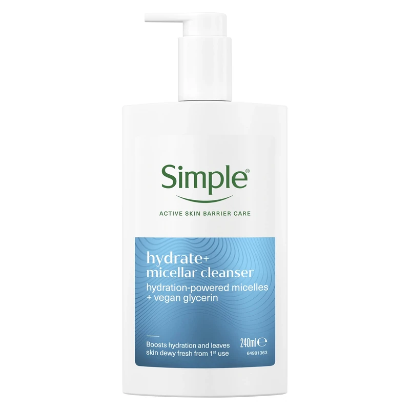Simple Hydrate+ Micellar Facial Cleanser hydration-powered micelles + vegan glycerin boosts hydration and leaves skin dewy-fresh from the first use 240 ml
