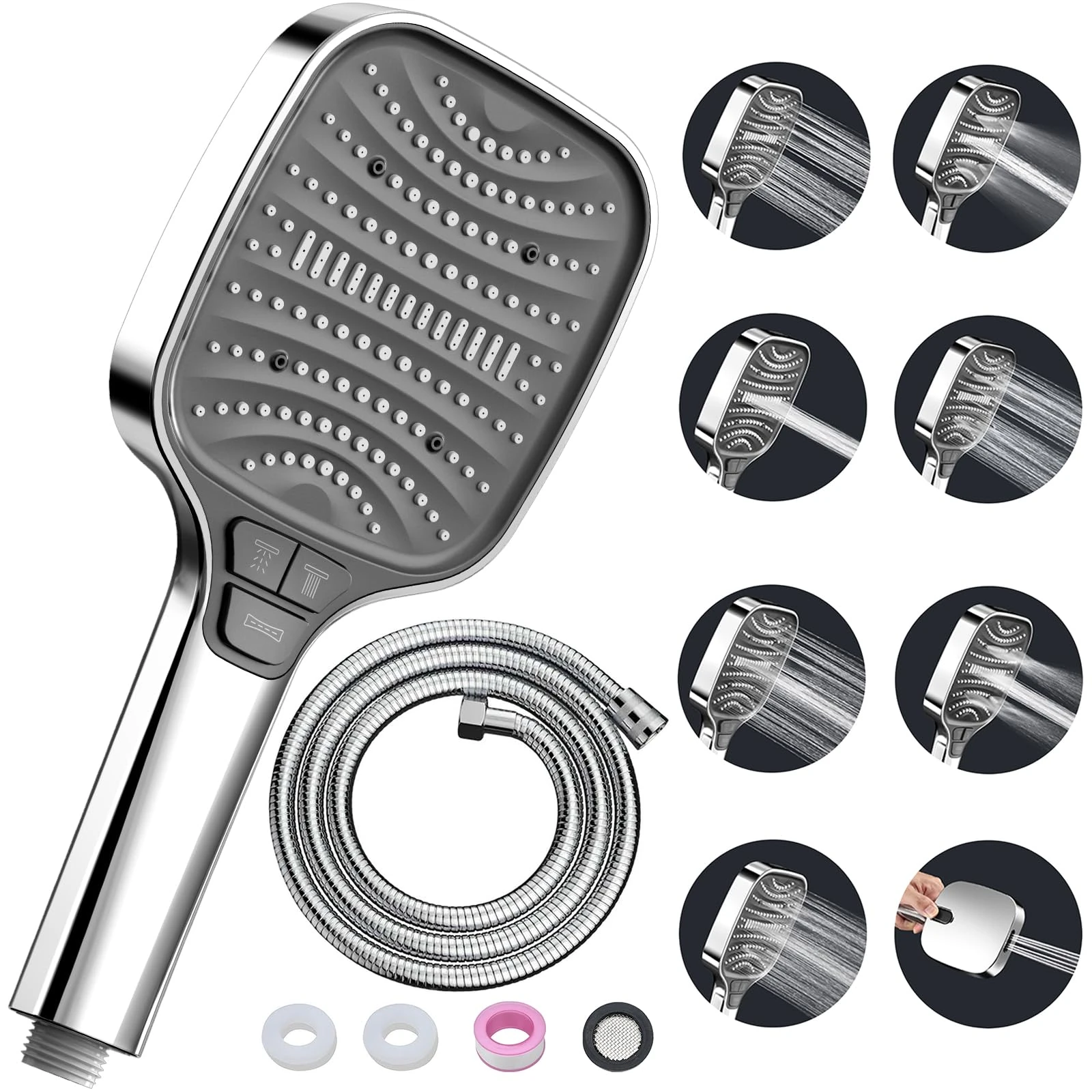 Shower Head High Pressure Shower Heads – with 8 Spray Modes and 1.5m Hose, Square Handheld Showerhead for Bathroom Fixtures, Handheld Showers, Bath Shower Attachment, Large Shower Head Chrome Silver
