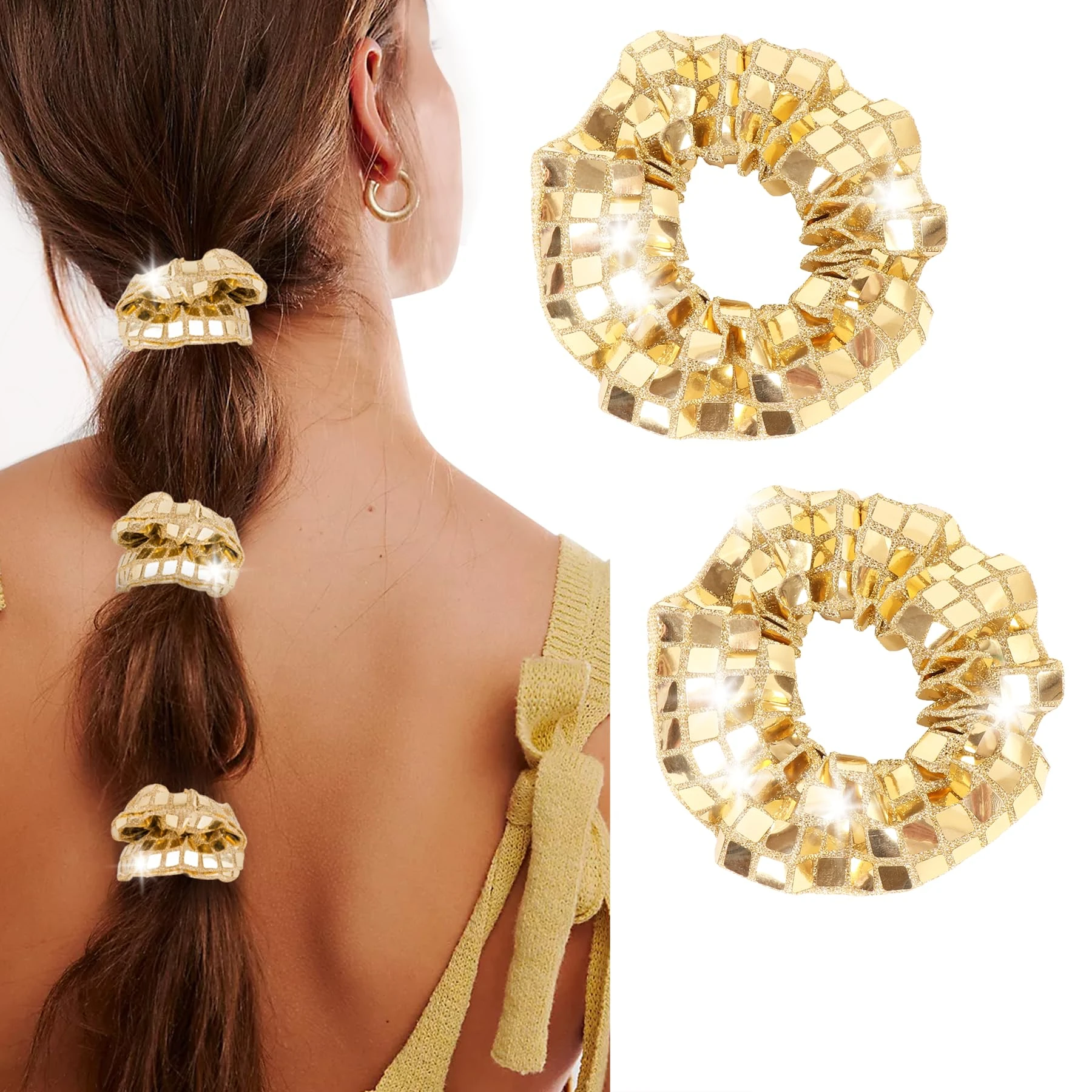Dalababa 2 Pcs Sequin Hair Scrunchies, Metallic Sparkly Disco Ponytail Holders, Shiny Elastic Hair Bobbles Ties Bands Accessories for Women Girls Retro Theme Party - Gold