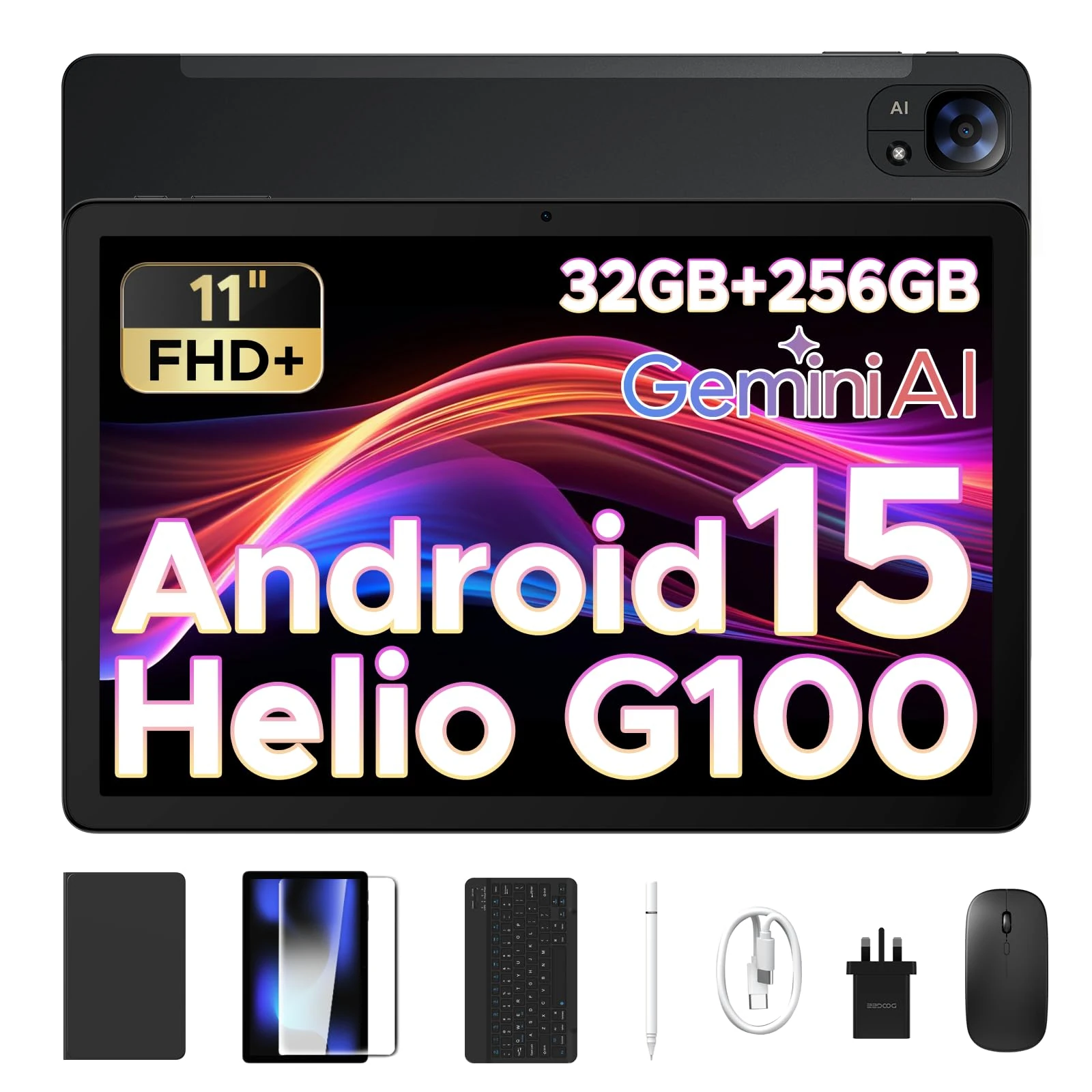 DOOGEE Tab E3 Android 15 Tablet, Helio G100 Octa-Core Android Tablets with Sim Card Slot, 32GB+256GB/2TB, Gemini AI Gaming Tablet 11 Inch, 8800mAh Battery, Tablets with Keyboard, Pen, Mouse&Case-Black