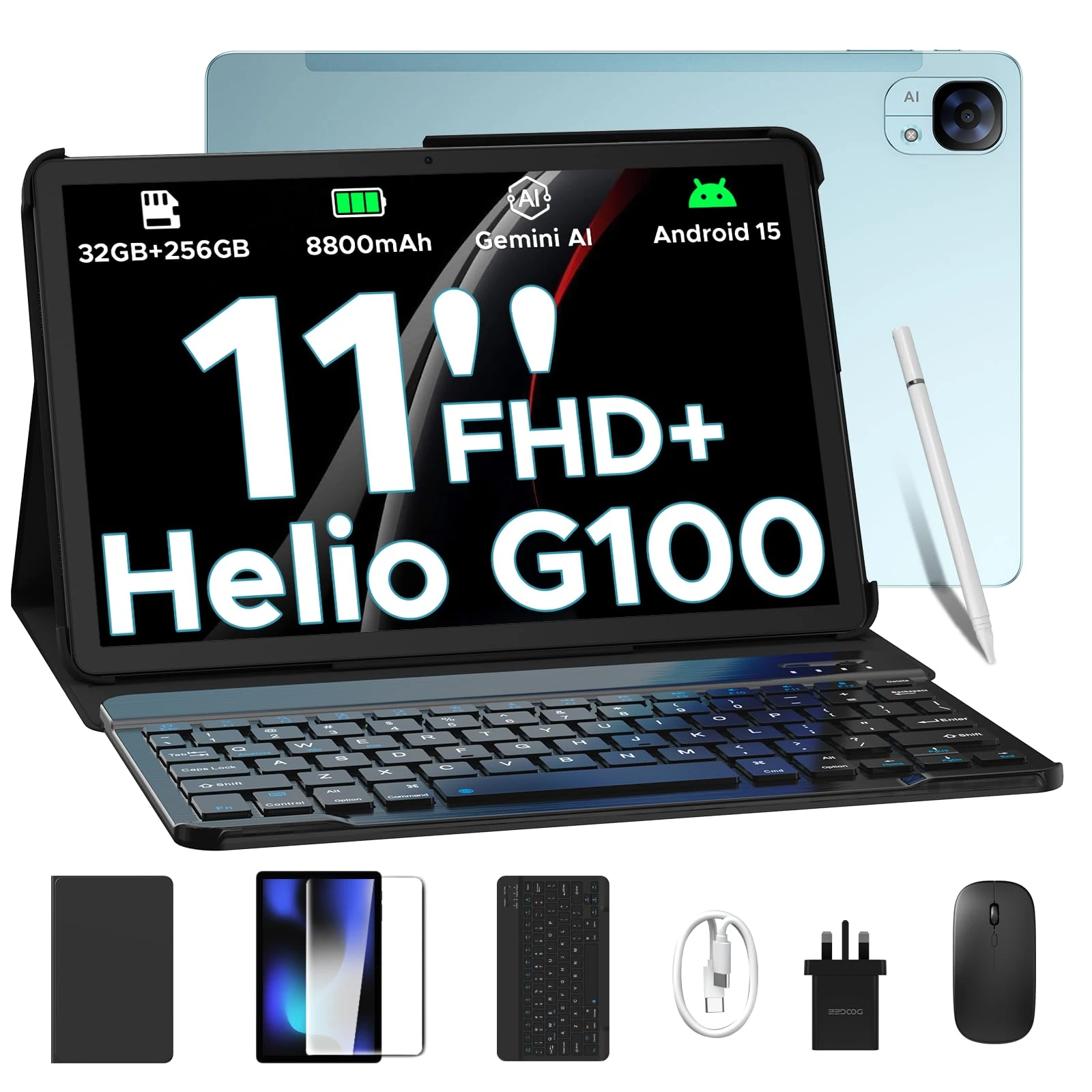 DOOGEE Tab E3 Android 15 Tablet, Helio G100 Octa-Core Android Tablets with sim card slot, 32GB+256GB/2TB, Gemini AI Gaming Tablet 11 Inch, 8800mAh Battery, Tablets with Keyboard, Pen, Mouse&Case-Blue