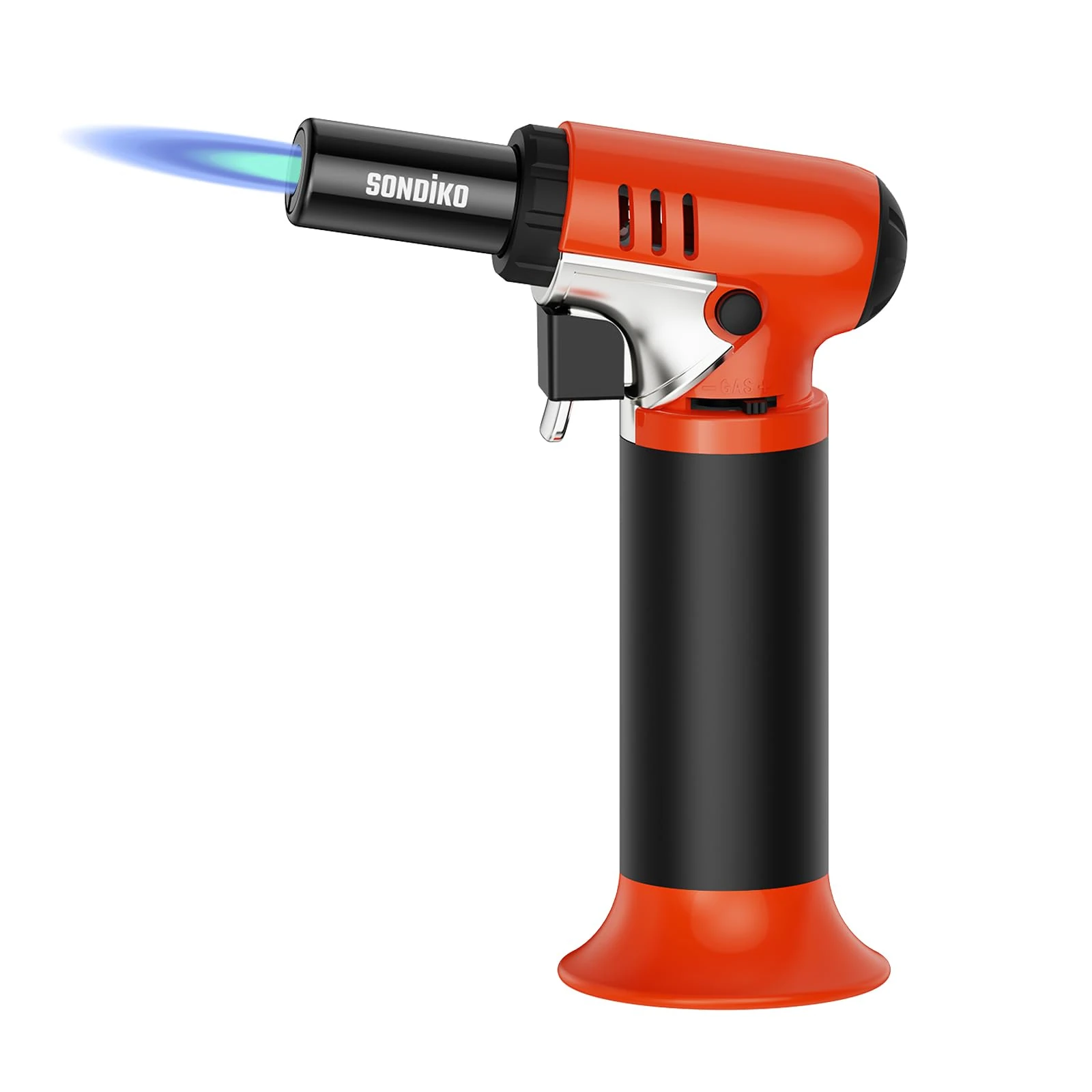 Sondiko Kitchen Blow Torch with Fuel Gauge S907, Refillable Soldering Torch Lighter with Adjustable Flame for Desserts, Creme Brulee, Welding, Industrial, Orange & Black(Butane Not Included)