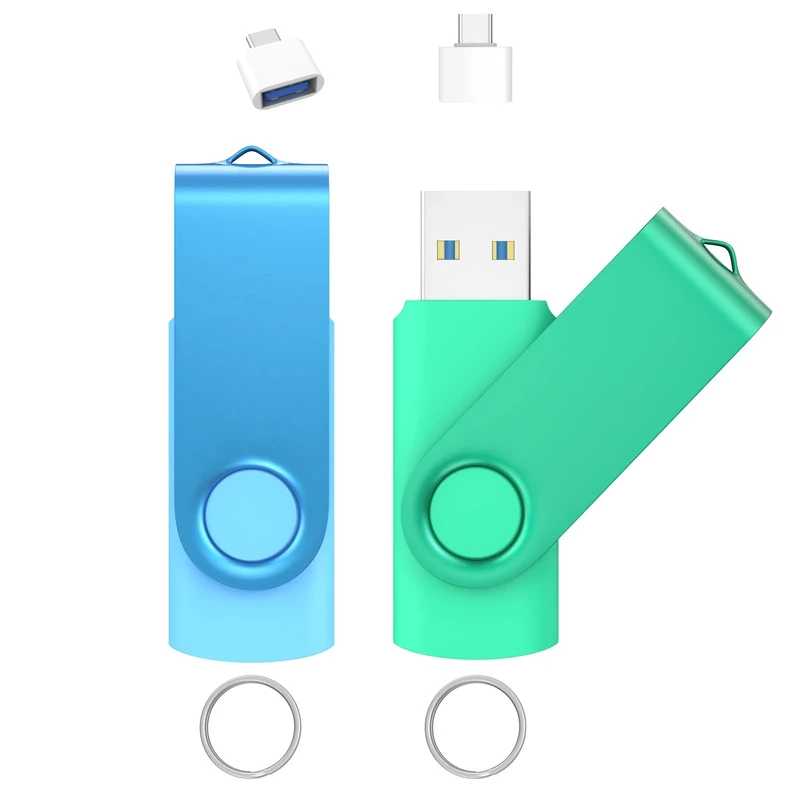 Wooolken usb stick 16GB 3.0 Flash Drives 2 Pack, with USB C Adapter and Keychains, Swivel Thumb Drives USB Stick Drive Memory Stick for Data Storage