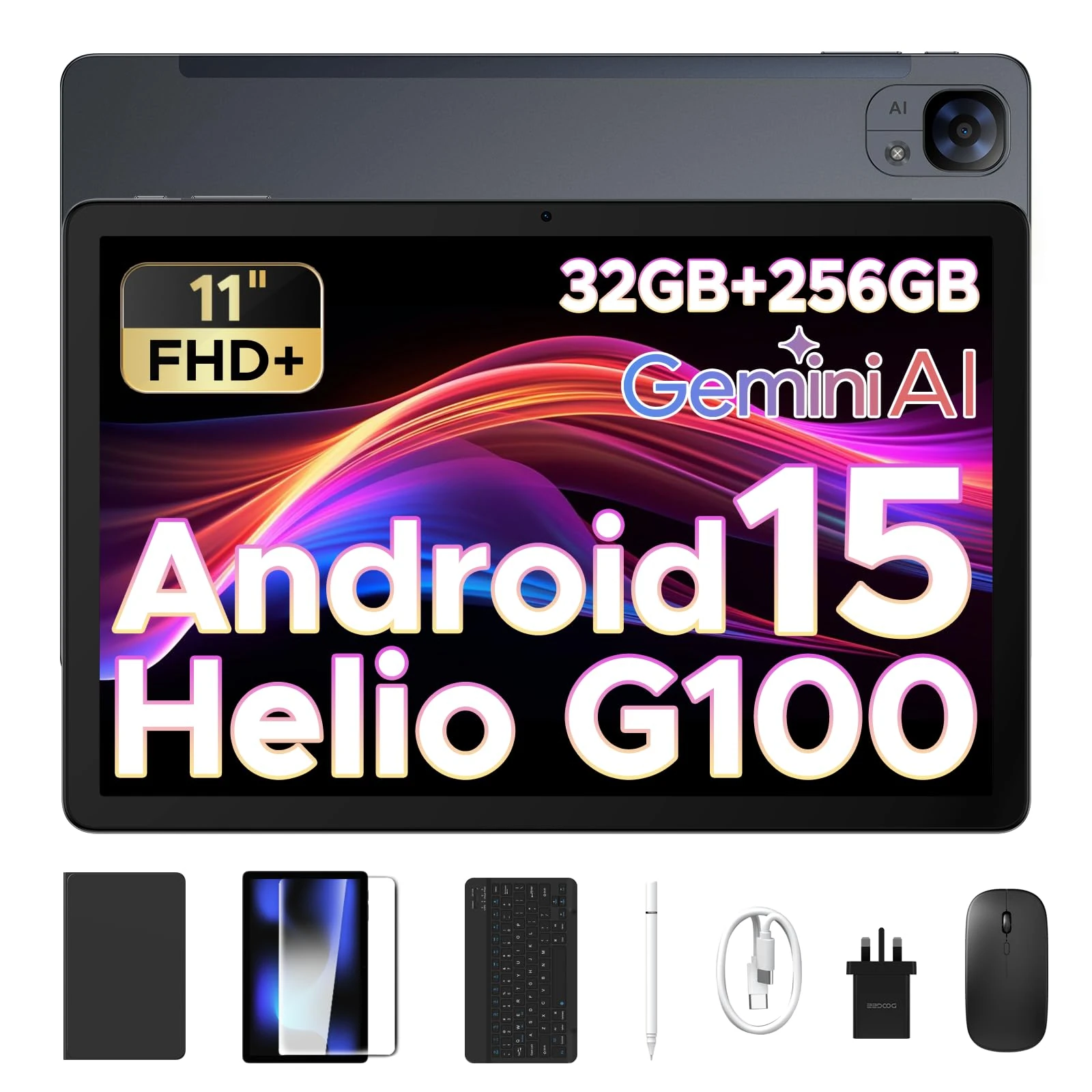 DOOGEE Tab E3 Android 15 Tablet, Helio G100 Octa-Core Android Tablets with Sim Card Slot, 32GB+256GB/2TB, Gemini AI Gaming Tablet 11 Inch, 8800mAh Battery, Tablets with Keyboard, Pen,Mouse&Case-Grey