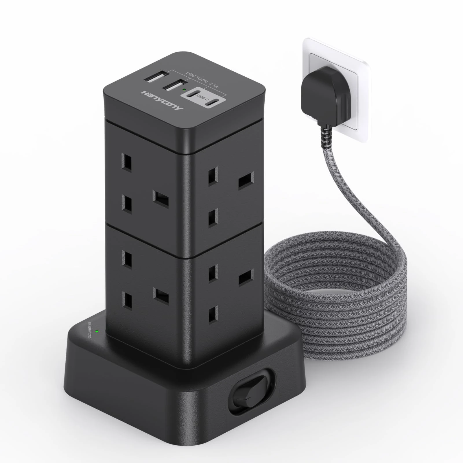 Tower Extension Lead with USB C Slots 3M, 8 Way Outlets Power Strip [13A 3250W], Surge Protected Extension Lead, Black Extension Cable, Multi Plug Extension Socket for Home Office Bedroom Accessories