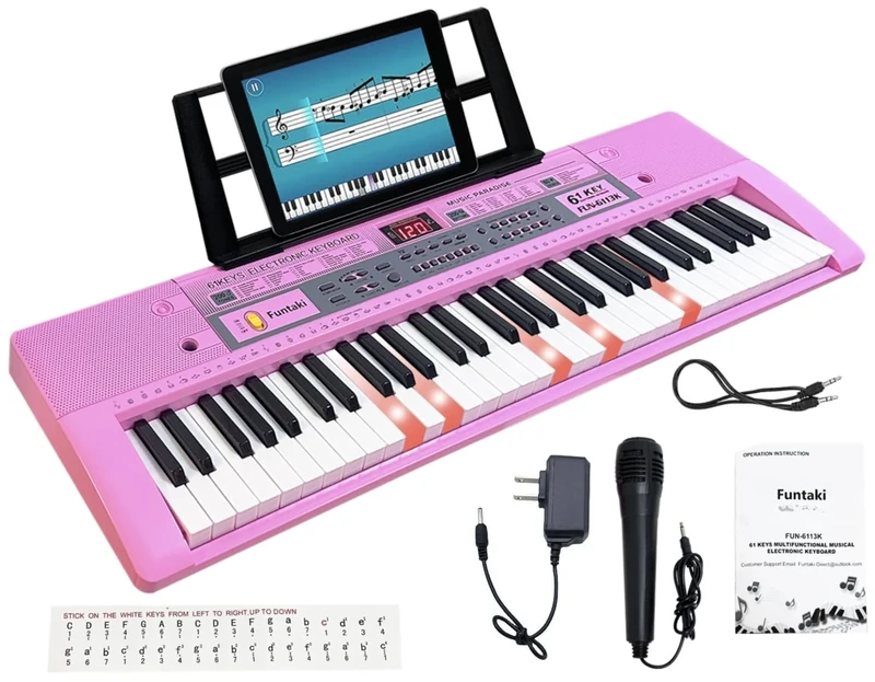 Funtaki 61 Key Electric Keyboard Piano with Lighted Keys, Digital Portable Musical Keyboards with Music Sheet Stand, Mini Electronic Organ for Beginners Kids Adults Pink