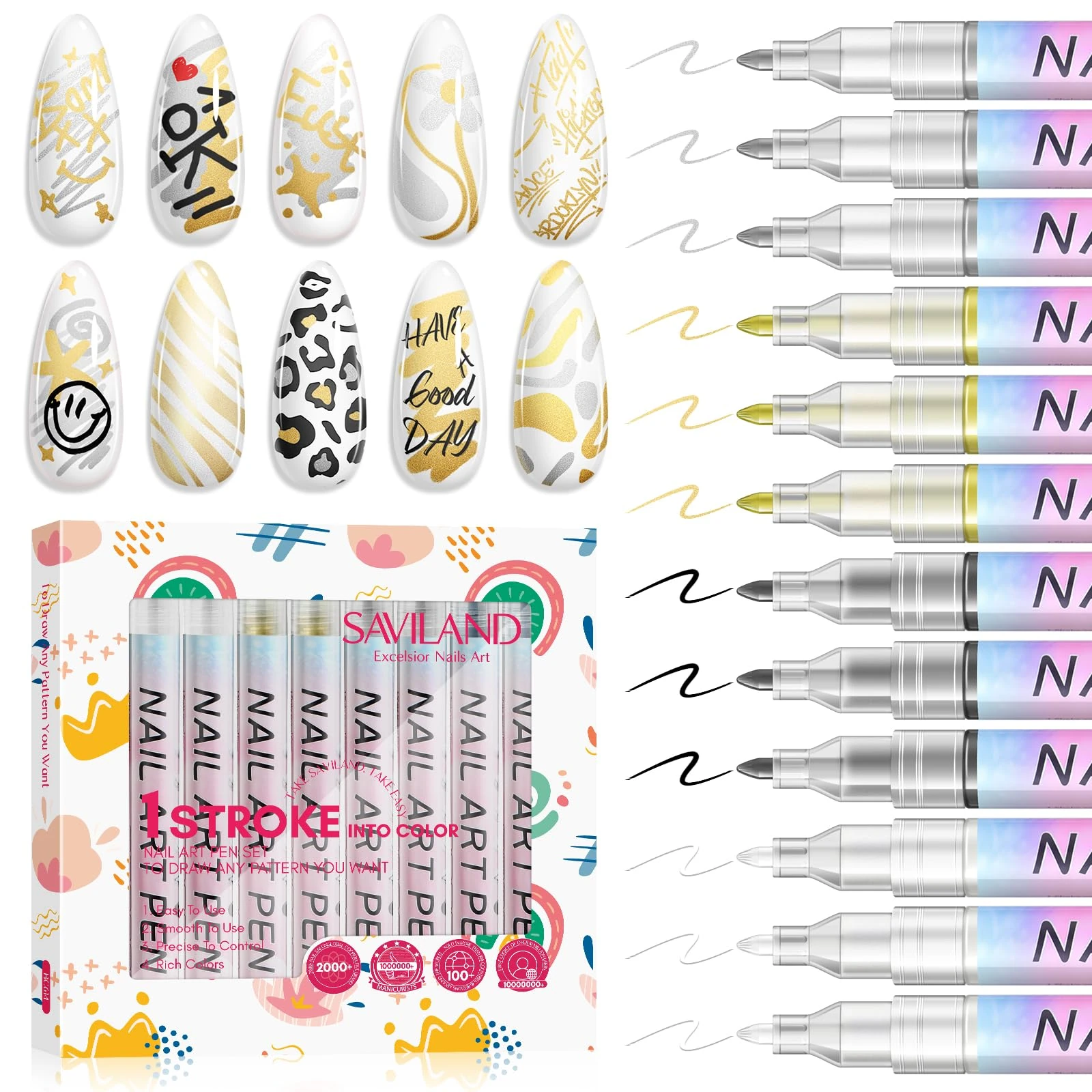 SAVILAND Essentials Nail Art Pen Set: 4 Colors Quick-Dry & High-Pigment Nail Art Pens with Precision Tips Easy Application Nail Polish Markers Long Wear Nails Dotting Drawing DIY Chrome Nail Design