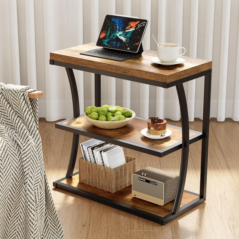 LITTLE TREE Small Narrow Side Table, Farmhouse Metal End Accent Table for Living Room, Thin Wooden Nightstand with Storage for Bedroom, Small Spaces, Bedside, Office, Couch, Brown