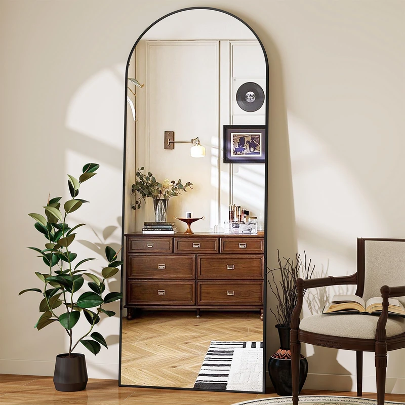 Koonmi Arched Full Length Mirror, Right Angle Design, Medium Size 161×53cm, Full Length Mirror with Stand, Made of Tempered Glass Suitable for Bedroom, Entryway, Living Room, Black