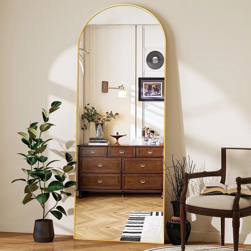Koonmi Arched Full Length Mirror, Right Angle Design, Medium Size 161×53cm, Full Length Mirror with Stand, Made of Tempered Glass Suitable for Bedroom, Entryway, Living Room, Gold