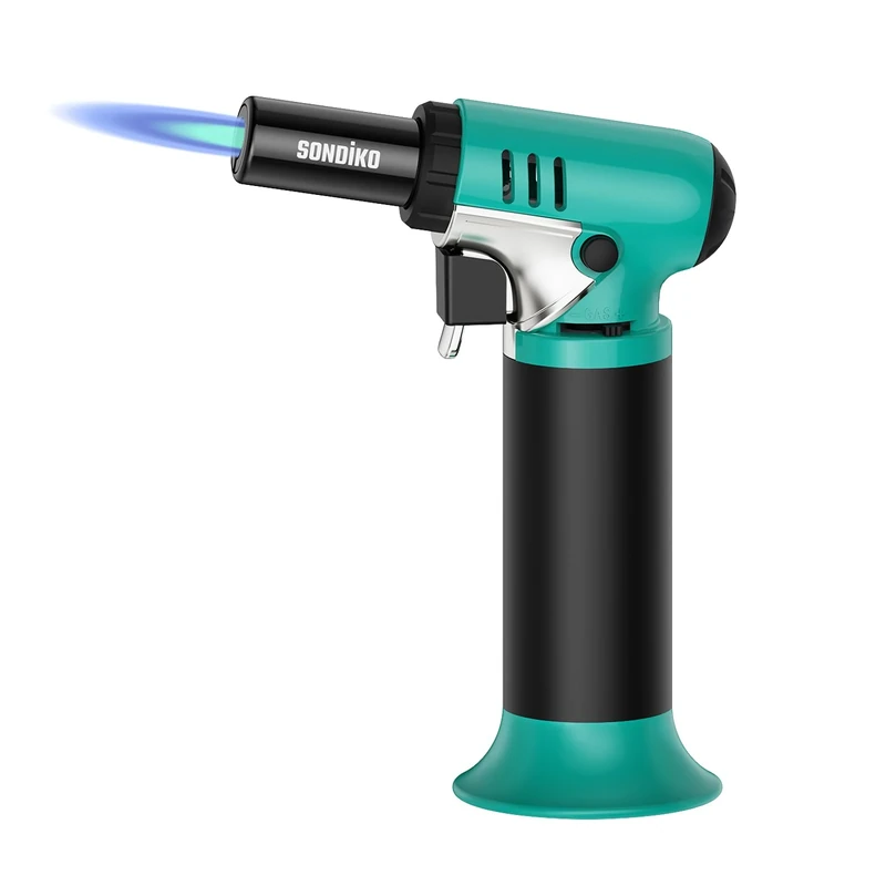 Sondiko Kitchen Blow Torch with Fuel Gauge S907, Refillable Soldering Torch Lighter with Adjustable Flame for Desserts, Creme Brulee, Welding, Industrial, Cyan & Black(Butane Not Included)