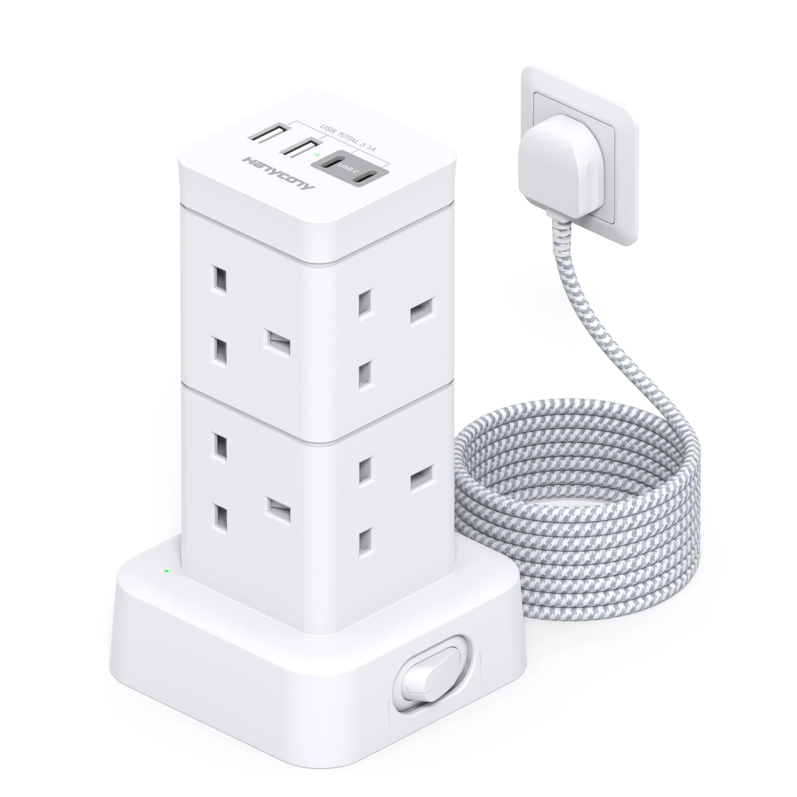 Tower Extension Lead 5M, 8 AC Outlets Multi Plug Power Strip[13A 3250W], Surge Protector Extension Lead with Switch, Extension Cable with 2 USB C Slots for Home, Office, Desk Accessories, Kitchen