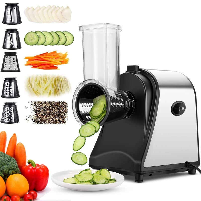 Professional Electric Vegetable Slicer, 250 W, 5-in-1 Stainless Steel, Vegetable Cutter, Kitchen Grater with 5 Cutting Drums for Fruits, Vegetables, Cheese and Daily Use