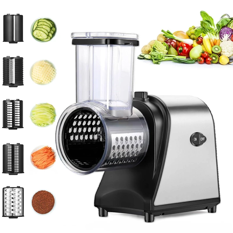 Professional Vegetable Slicer Electric 250 W, 5-in-1 Stainless Steel Vegetable Cutter Kitchen Grater with 5 Blades and Large Filling Slot for Fruit, Vegetables, Cheese and Daily Use