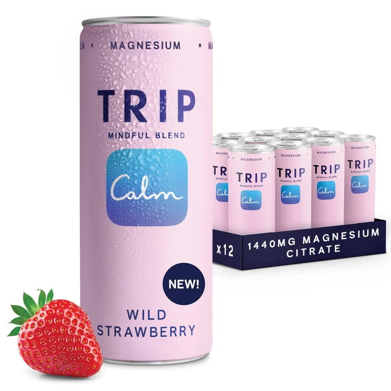 TRIP Wild Strawberry Sparkling Drink with 120MG calming Magnesium + Lion’s Mane + Chamomile + Lemon Balm. Low Calorie, No Added Sugar and Vegan (Pack of 12 x 250ml) - Image 1