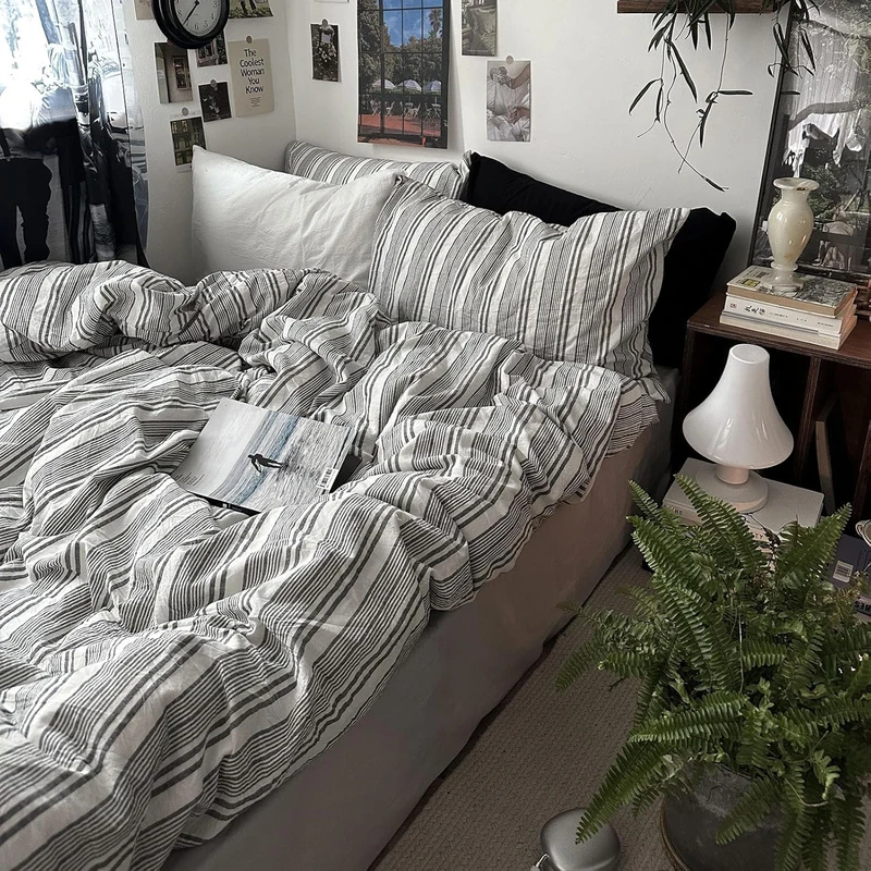 mixinni Vintage Gray & White Striped Duvet Cover Set - 3 Piece 100% Washed Cotton Full Size Bedding | Minimalist Gender-Neutral Design | Ultra-Soft Breathable, with Zipper Closure & Corner Ties