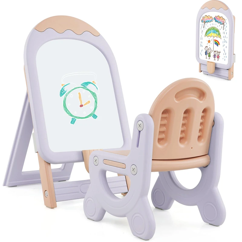 GYMAX Kids Art Easel, Height Adjustable Children Easel with Chair & Storage Box, Foldable Magnetic Whiteboard for Toddlers (Purple+White, 53 x 42 x 73-86cm)