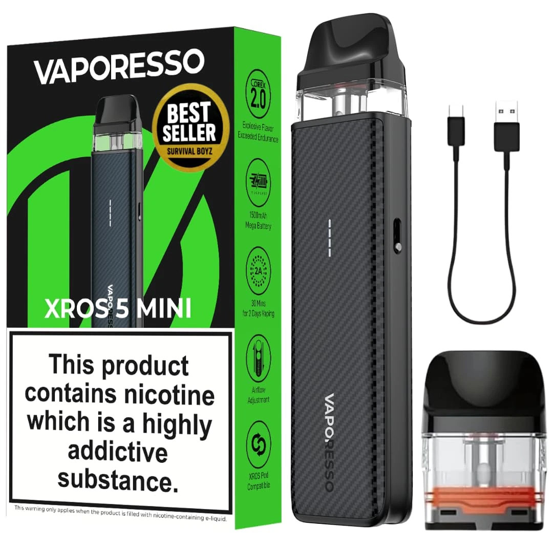 Vaporesso XROS 5 Mini Vape Kit [Carbon Black] – 1500mAh Mega Battery, 30W Output, Type-C Fast Charge, Anti-Leak Tech, Top-Fill Pods – Works with All XROS Pods – 14 Colours – No Nicotine