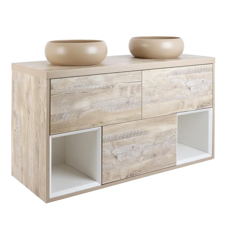 Milano Bexley Light Oak 1200mm Wall Hung Bathroom Vanity Unit Round Sand Basins